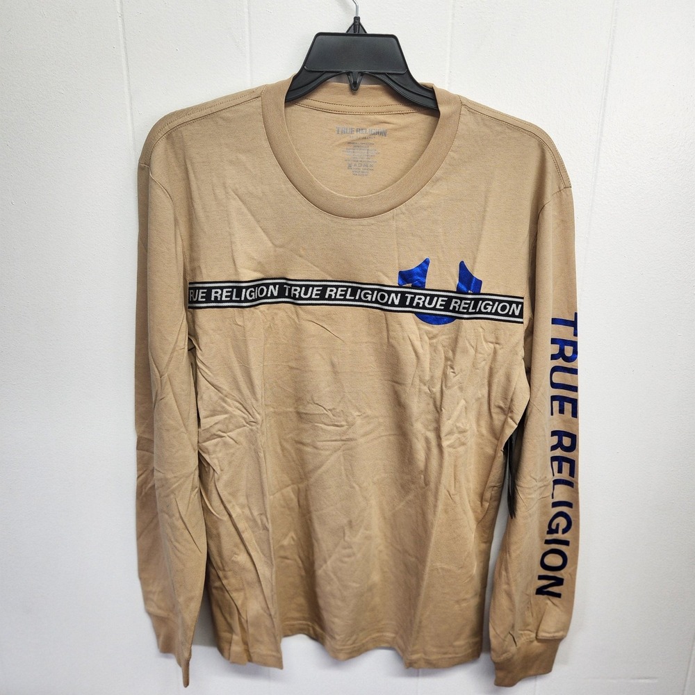 True Religion Shirt‎ Mens 2XL Beige Foil Taping Long Sleeve Logo Graphic XXL